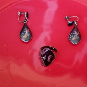 Vintage etched silver ring/earrings set
